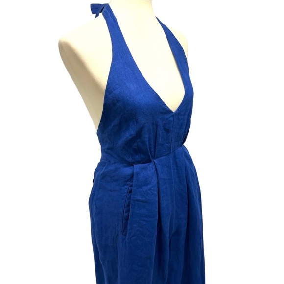 Farm Rio Blue Linen Halter Back Wide Leg Pleated Jumpsuit Women’s XS - Picture 9 of 16
